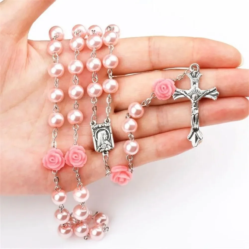 6MM Pink Pearl Beaded Rose Rosary Necklace Women Chain Crucifix Cross Pendant